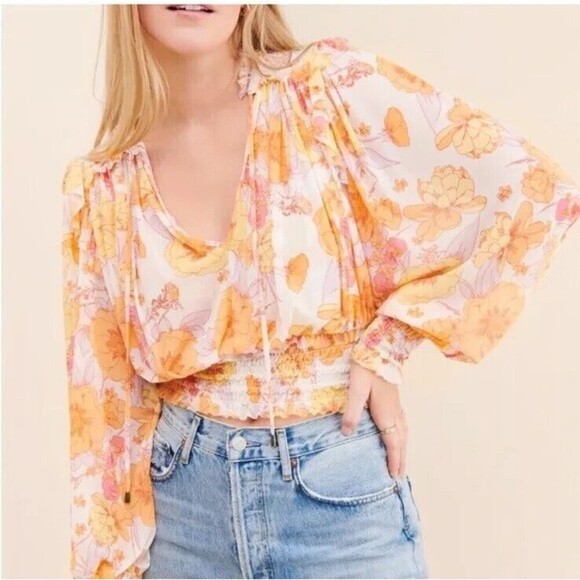 Free People Tops - FREE PEOPLE  Orange Yellow Floral Ruffled L/S Mesh Smocked Cropped Blouse Top M